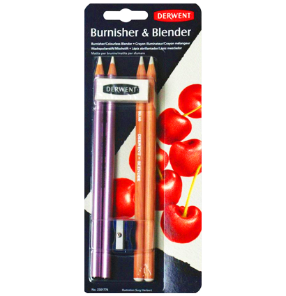 Набор прозрачных карандашей Derwent Burnisher & Blender для полировки и блендинга 4 штуки + точилка, ластик