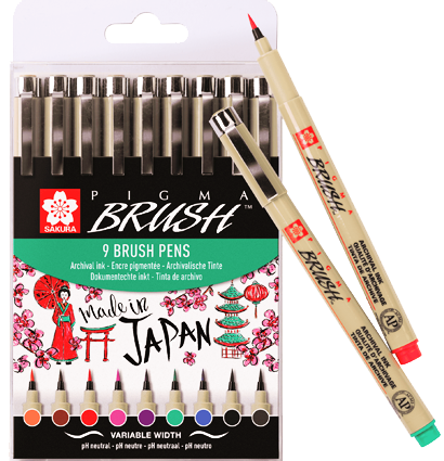 Набор цветных капиллярных ручек Sakura Pigma Micron Brush брашпены 9 штук