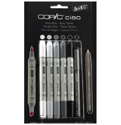 Copic Ciao Grey Tones 5+1 набор маркеров с кистью для рисования (серые + линер)