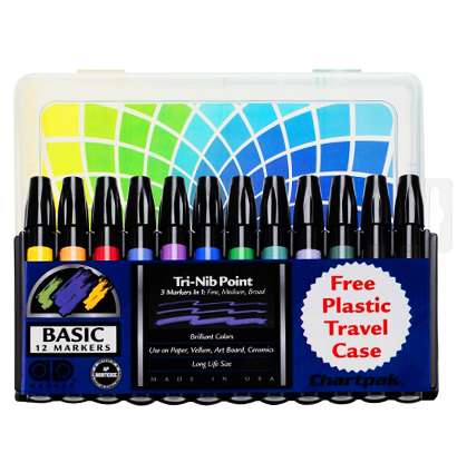 Набор маркеров для скетчинга Chartpak Basic 12 (основные цвета) + кейс для путешествий
