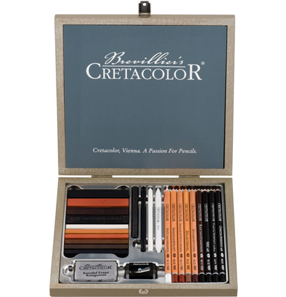 Набор карандашей и материалов для графики Cretacolor Black Box в деревянном кейсе