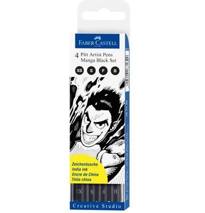 Набор черных линеров и брашпенов "Manga Black" Faber-Castell Pitt Artist Pen 4 штуки
