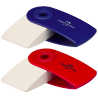 Ластик белый с пластиковым держателем Faber-Castell Sleeve для карандашей, синий/красный