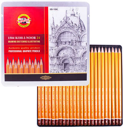 Набор чернографитных карандашей Koh-I-Noor 1500 в пенале 24 штуки 8B-10H