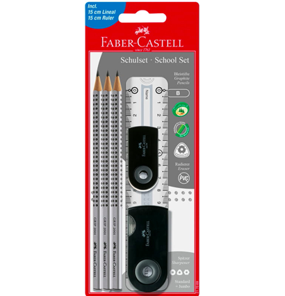 Набор чернографитных карандашей Faber-Castell Grip 3 штуки с ластиком, точилкой и линейкой