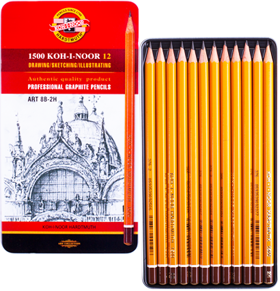 Набор чернографитных карандашей Koh-I-Noor 1500 Art в пенале 12 штук 8B-2H