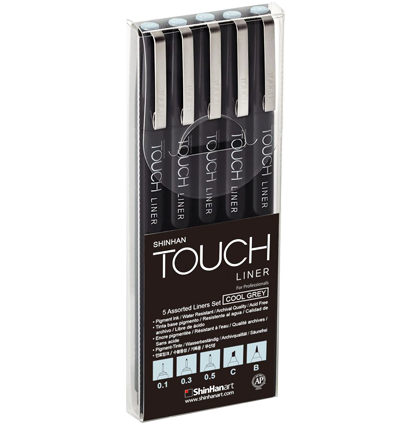 Набор серых линеров Touch Liner Cool Gray разной толщины + брашпен // 5 штук 