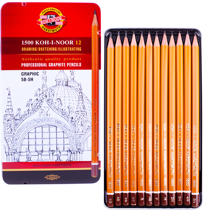 Набор чернографитных карандашей Koh-I-Noor 1500 Graphic в пенале 12 штук 5B-5H