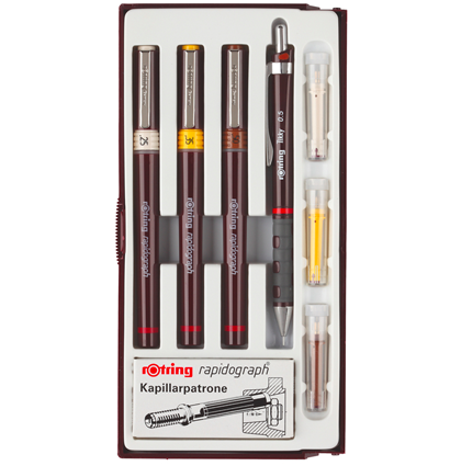 Набор изографов Rotring 3 штуки, механический карандаш и чернила (0.25, 0.35, 0.5)