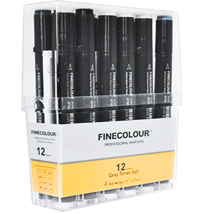 Набор набор маркеров Finecolour Brush Mini 12 серые цвета в кейсе