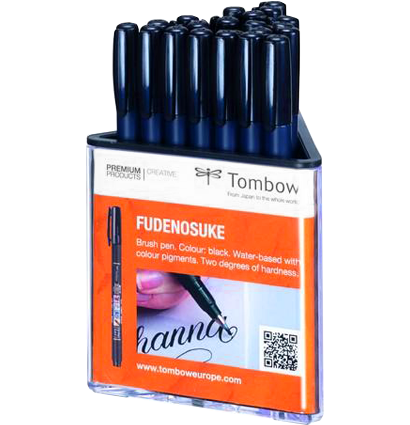Брашпены Tombow Fudenosuke Pen Soft/Hard 20 Set для каллиграфии в подставке, мягкие +твердые, черный