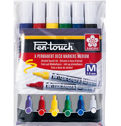 Набор перманентных маркеров Sakura Pen-Touch 6 основных цветов в пенале (перо 2 мм)