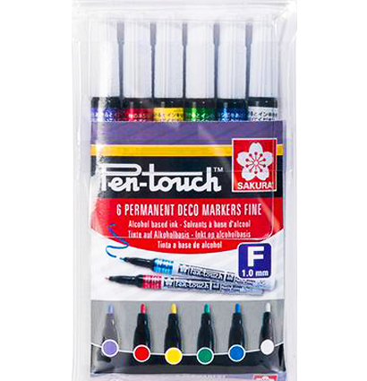 Набор перманентных маркеров Sakura Pen-Touch 6 основных цветов в пенале (перо 1 мм)