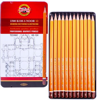Набор чернографитных карандашей Koh-I-Noor 1500 Technic в пенале 12 штук HB-10H