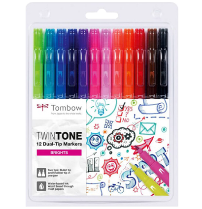 Набор маркеров-линеров Tombow Twin Tone Brights 12, два пера (насыщенные)