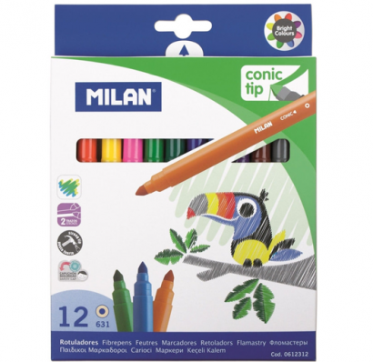 Фломастеры Milan Cone-tipped 12 цветов на водной основе легкосмываемые