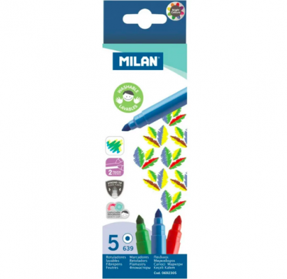Фломастеры Milan Cone-tipped 5 цветов на водной основе легкосмываемые