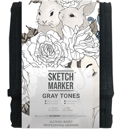 Набор маркеров Скетчмаркер / Sketchmarker "Gray Tones - Оттенки серого" 12 цветов в сумке