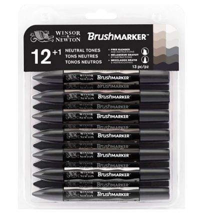 Набор маркеров Brushmarker Winsor & Newton 12 + блендер, оттенки серого (cool+warm)