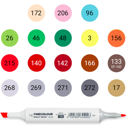 Набор маркеров Finecolour Sketch для онлайн-курса по скетчингу Highlights, 18 цветов