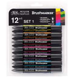 Набор маркеров Brushmarker Winsor & Newton 12 + блендер, яркие оттенки