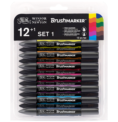 Набор маркеров Brushmarker Winsor & Newton 12 + блендер, яркие оттенки