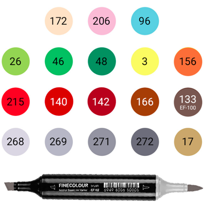Набор маркеров Finecolour Brush для онлайн-курса по скетчингу Highlights, 18 цветов