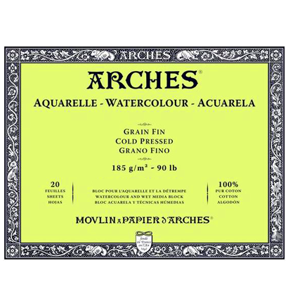 Блок бумаги Arches Grain Fin для акварели из хлопка 23х31см / 20 листов / 185 гм (среднезернистая)