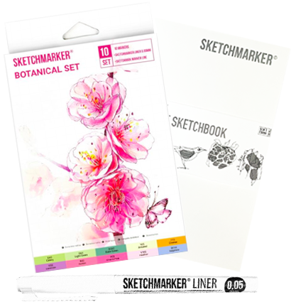 Набор для скетчей Sketchmarker Botanical Set 10 маркеров, скетчбук, линер
