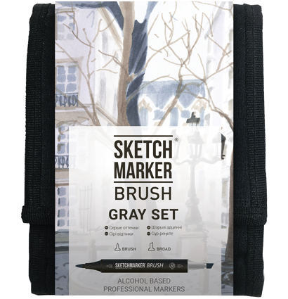 Набор маркеров Sketchmarker Brush / Скетчмаркер Браш "Gray - Оттенки серого" 12 цветов в сумке