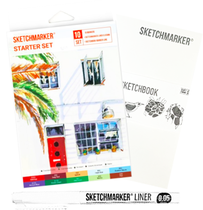 Набор для скетчей Sketchmarker Starter Set 10 маркеров, скетчбук, линер