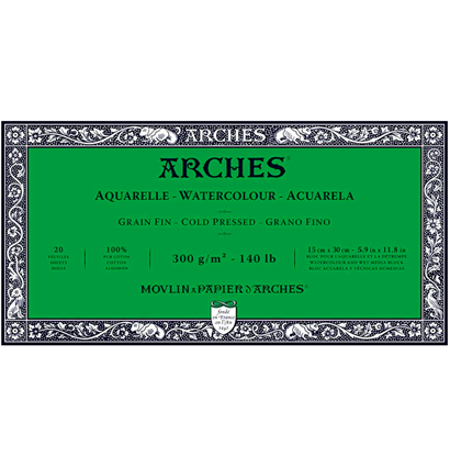 Arches Aquarelle Fin блок бумаги для акварели из хлопка 15х30см / 20 листов / 300 гм (среднезернистая)