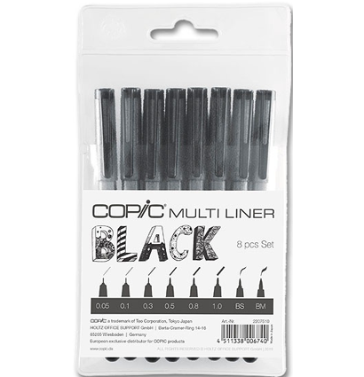 Набор черных капиллярных линеров Copic Multiliner 8 штук с разными перьями