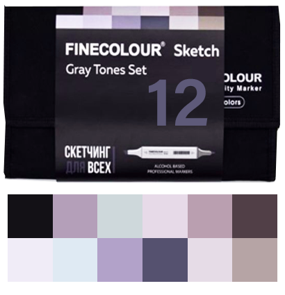 Набор маркеров Finecolour Sketch 12 цветов Оттенки серого для скетчей в пенале