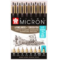 Набор черных капиллярных ручек Sakura Pigma Micron разной толщины + брашпен, 8 штук