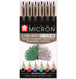 Набор цветных капиллярных ручек Sakura Pigma Micron перо 0.25 мм 6 штук
