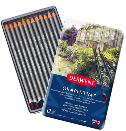 Акварельные карандаши Graphitint Derwent 12 цветов набор в металлическом кейсе