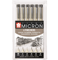 Набор черных капиллярных ручек Sakura Pigma Micron разной толщины 6 штук
