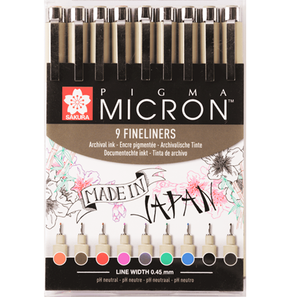 Набор цветных капиллярных ручек Sakura Pigma Micron с толщиной пера 0.45мм 9 цветов