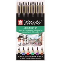 Набор цветных капиллярных ручек Sakura Pigma Micron Brush брашпены 6 штук