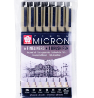 Набор черных капиллярных ручек Sakura Pigma Micron разной толщины + брашпен, 7 штук