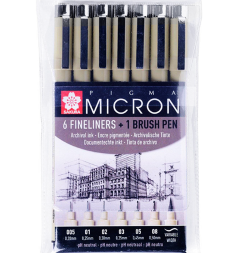 Набор черных капиллярных ручек Sakura Pigma Micron разной толщины + брашпен, 7 штук