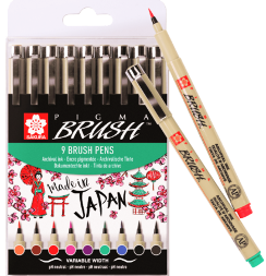 Набор цветных капиллярных ручек Sakura Pigma Micron Brush брашпены 9 штук