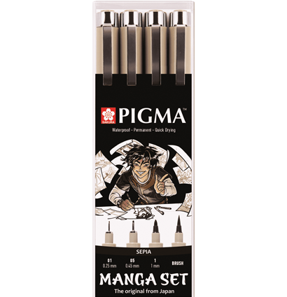 Набор капиллярных ручек Sakura Pigma Micron Manga сепия разные и брашпен  4 штуки