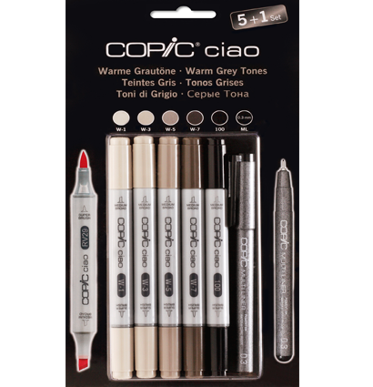 Copic Ciao Warm Greys 5+1 Тёплые серые набор маркеров с кистью для рисования и линер 0.3 мм