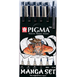 Набор черных капиллярных ручек Sakura Pigma Micron Manga разной толщины, брашпен и карандаш 6 штук