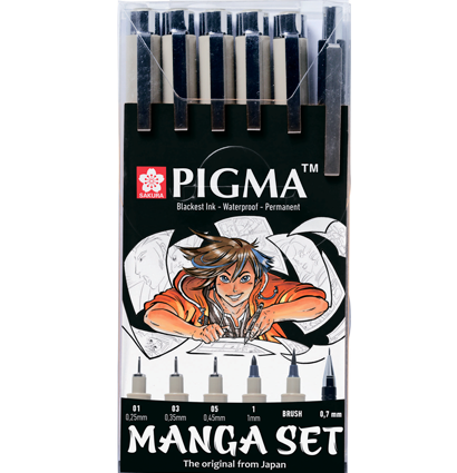 Набор черных капиллярных ручек Sakura Pigma Micron Manga разной толщины, брашпен и карандаш 6 штук