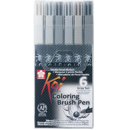 Набор акварельных маркеров с кистью Sakura Koi Coloring Brush Pen 6 цветов в кейсе (оттенки серого)