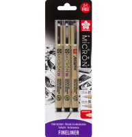 Набор капиллярных ручек Sakura Pigma Micron черные разные и брашпен  3 штуки