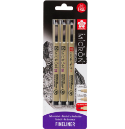 Набор капиллярных ручек Sakura Pigma Micron черные разные и ручка Graphic, 3 штуки